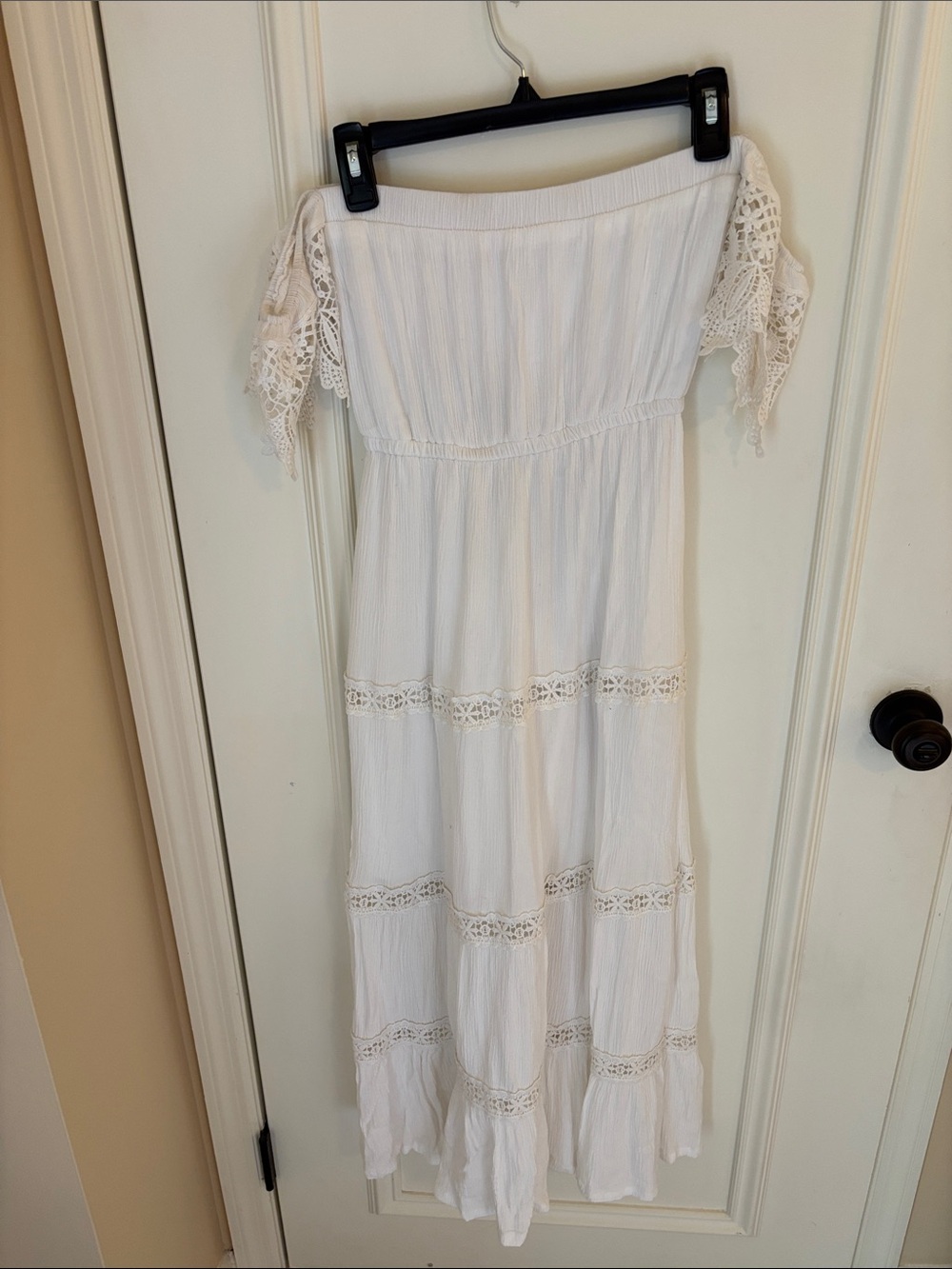Shinestar White Off-Shoulder Lace Trim Maxi Dress